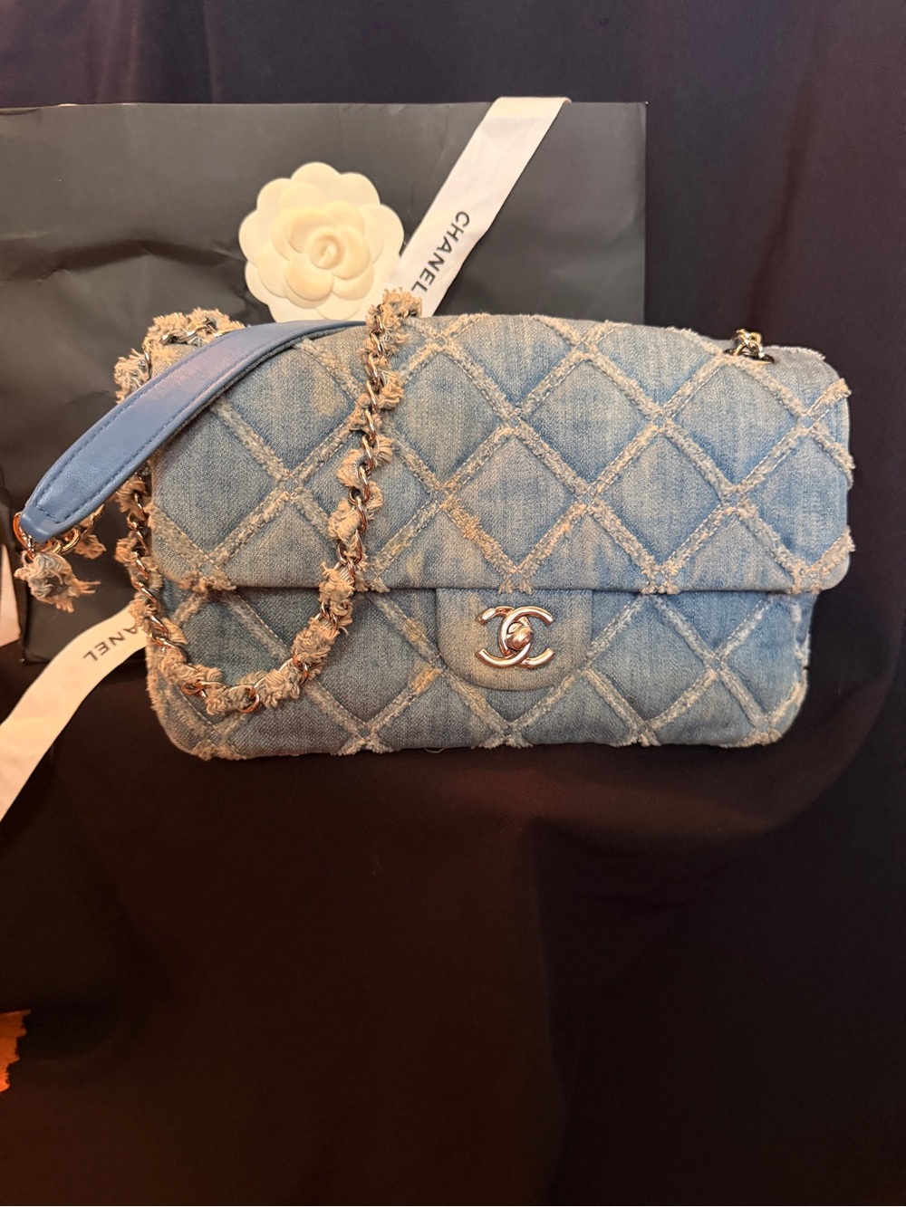 Chanel 2020 Blue Denim Quilted CC Flap Bag Silver Hardware